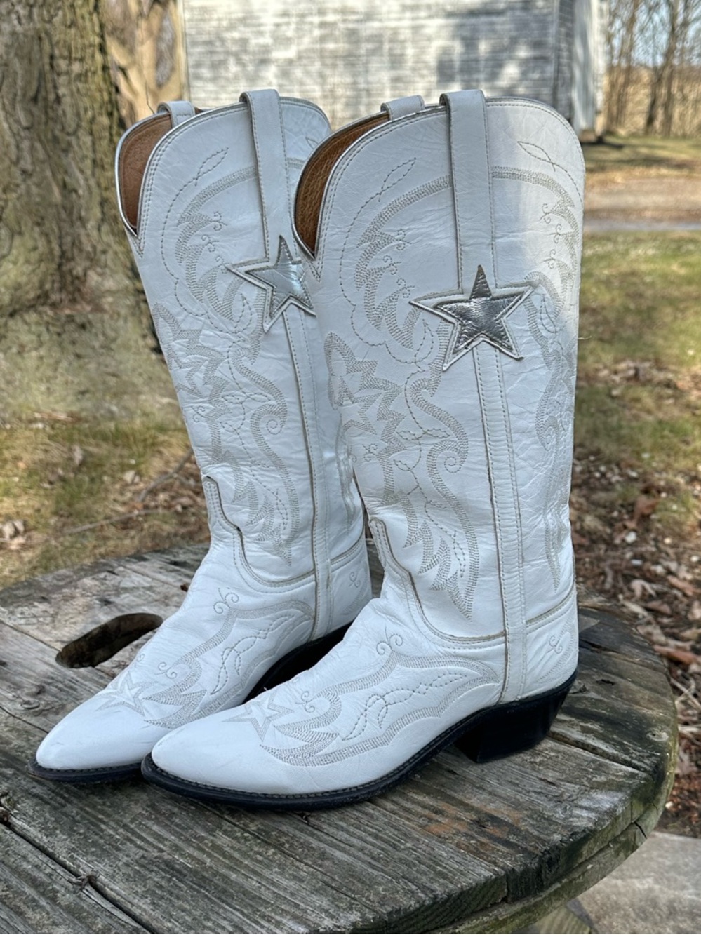 Lucchese Dallas Cowboy Cheerleader Boots 9 White Star Embroidered Football - Picture 9 of 13